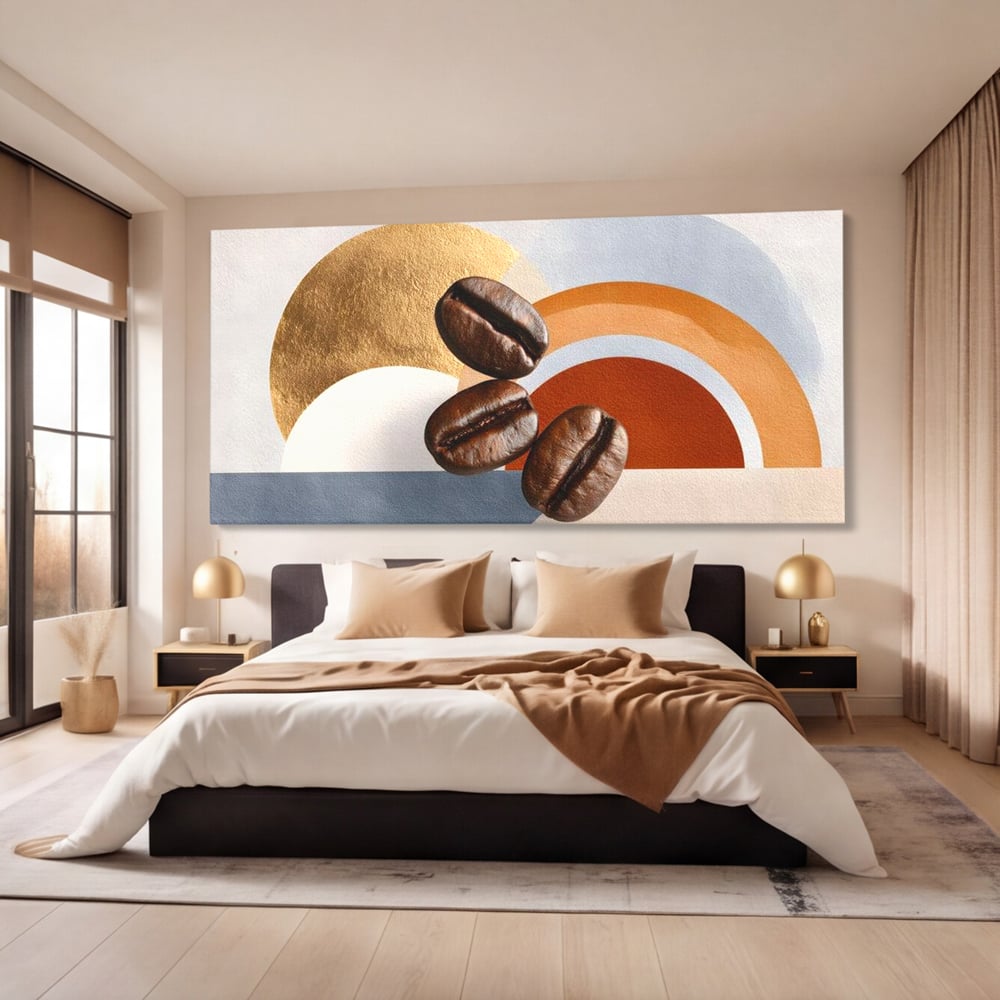 Tablou canvas cu tablou canvas cu boabe de cafea si forme geometrice, fara rama, pe sasiu de lemn, pe perete intr-un dormitor